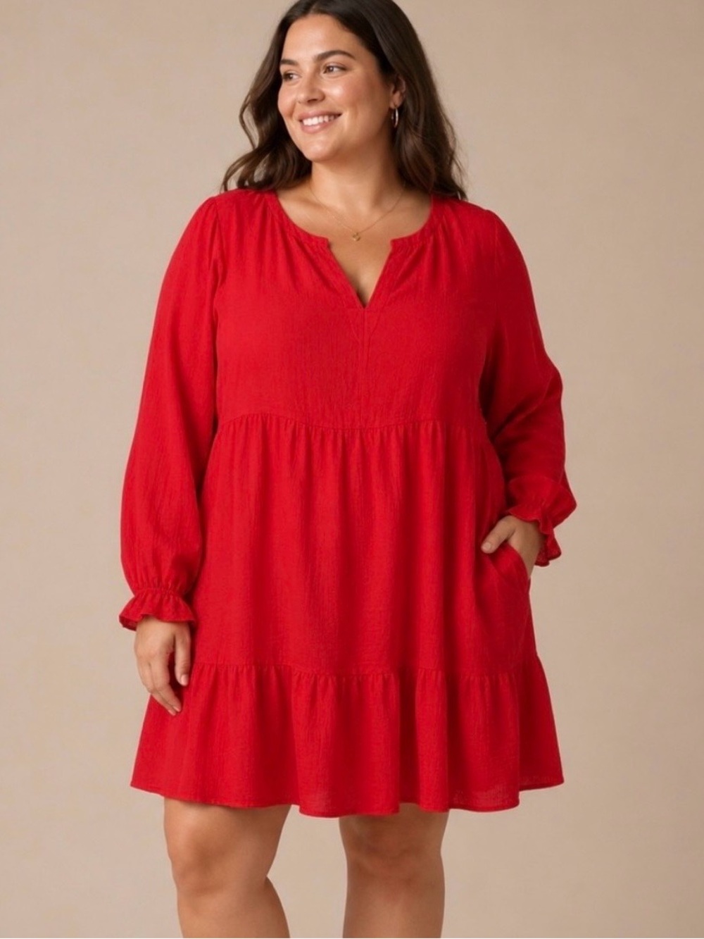 Kaktus Long Sleeve Tiered Split V-Neck Red Babydoll Dress Women’s L Relaxed Fit